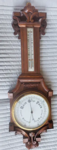 19th Century Ornate Hand Carved Oak Victorian Barometer