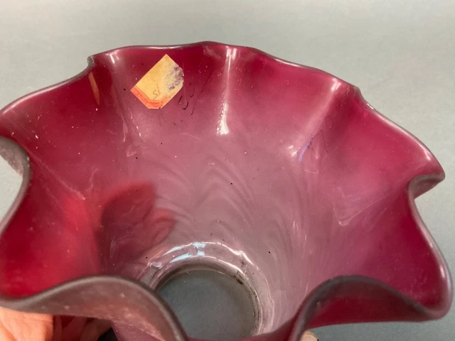 VINTAGE ANTIQUE GLASS LAMP Bell SHADE - 2.25” FITTER  Cranberry Ruffled Edge 6