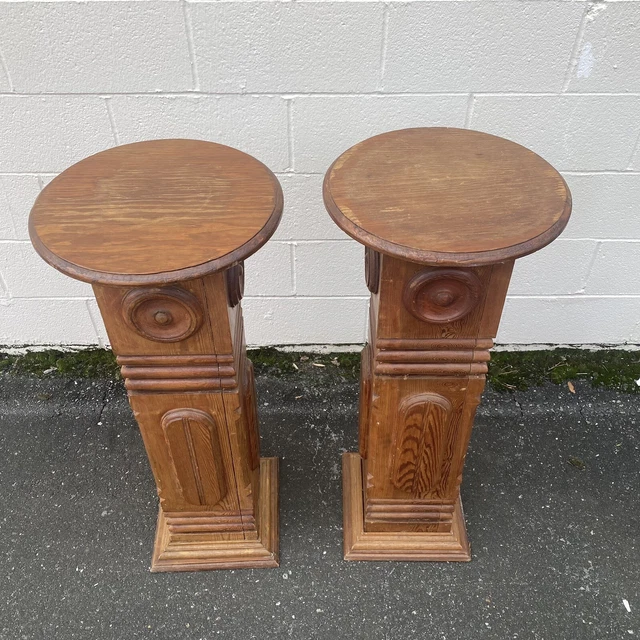 antique solid carved wood newel post plant stand Pair 2
