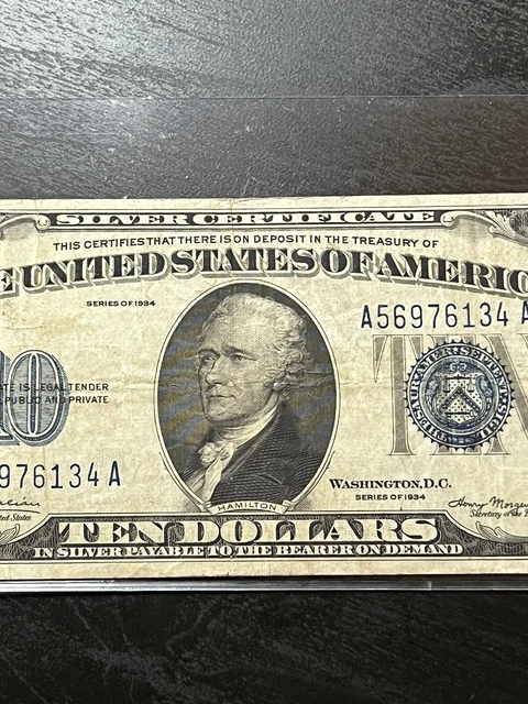 1934 $10 Ten Dollars Silver Certificate Blue Seal Mule Note A56976134A 3