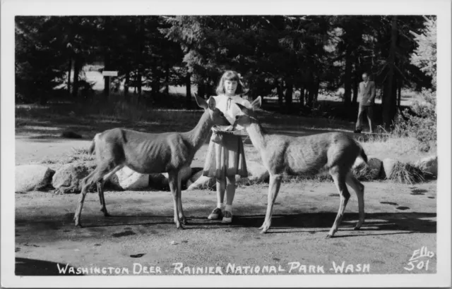 RPPC Mt Rainier Nat Park WA c50s Girl Saddle Shoes Feeding Deer Ellis Postcard