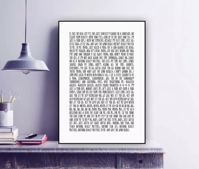 Queen "Bohemian Rhapsody" Freddie Mercury Song Lyrics Typography poster print