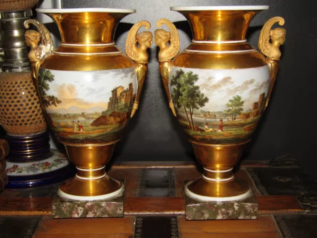 Ancienne Paire Vases Médicis Porcelaine Paris Epoque Empire XIXème A restaurer