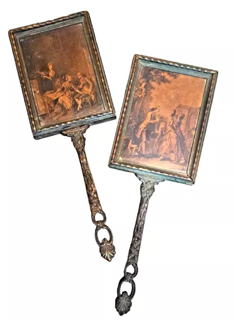 Late 1800's Antique Victorian Vanity Hand Mirrors with Drawings/Figures - a Pair