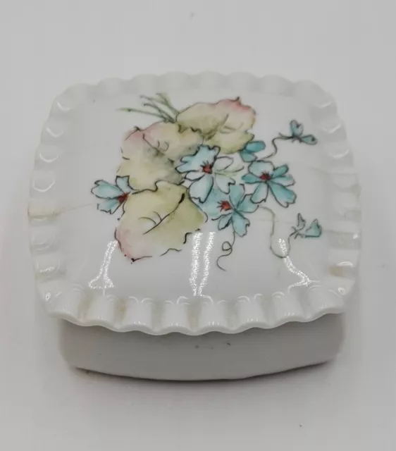 Hand Painted Trinket Box Flowers Butterflys Ruffled Edge Signed Porcelain 1.5"x3