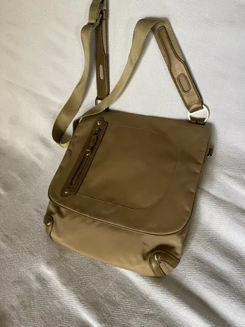 Women's Tumi Golden Tan Nylon and Leather Travel Crossbody Bag Handbag Purse EUC