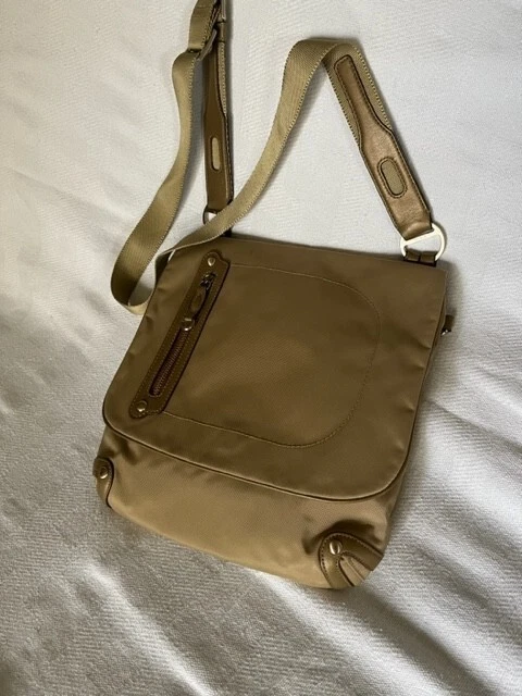 Women's Tumi Golden Tan Nylon and Leather Travel Crossbody Bag Handbag Purse EUC