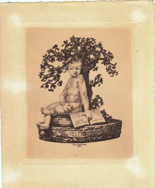 Exlibris Bookplate Radierung Hanns Bastanier 1885-1966 Apfelbaum Kind Buch 2