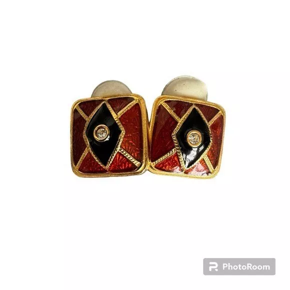 MET Russian Imperial 14k Gold Overlay Enamel Swarovski Clip Earrings Faberge