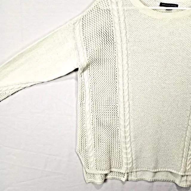 AMERICAN EAGLE WOMENS Medium Sweater Cable Knit White Crochet Slit ...