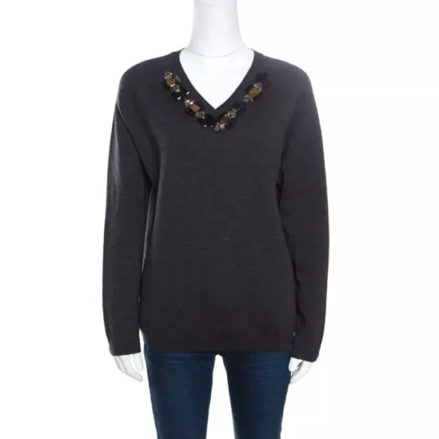 Marni 100% Virgin Wool Crystal Embellished V-Neck Sweater - Size S/40