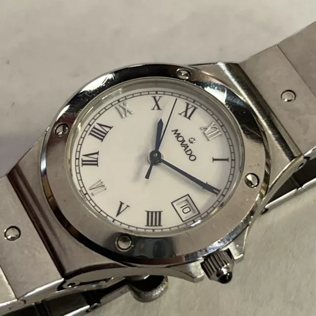 womens Movado Silver Braclet White Dial 84-E1-8372 Pre Owned Running New Battery