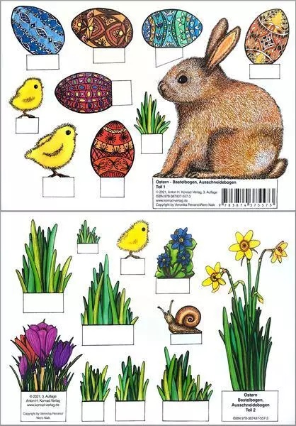 Ostern - Bastelbogen, Ausschneidebogen. Osterhase, Ostereier, Küken und Blumen z