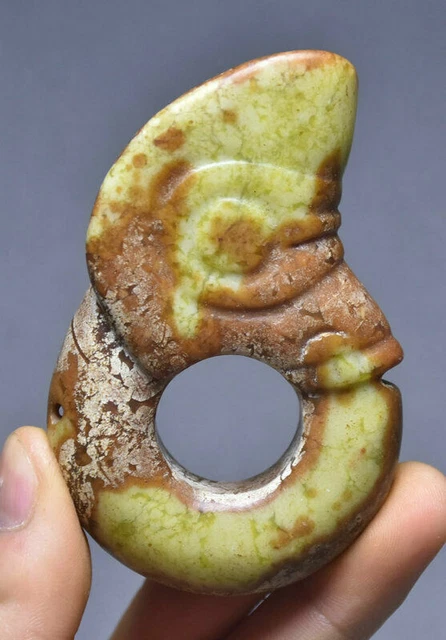 9CM Old Chinese Hongshan Culture Green Jade Carving Yu Pig Dragon Hook Pendant