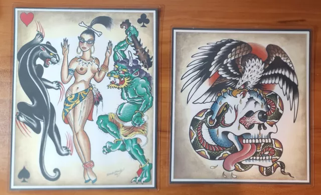 2 Hojas 1989 Don Ed Hardy Tradicional Estilo Vintage Tatuaje Flash Niñas Dragón