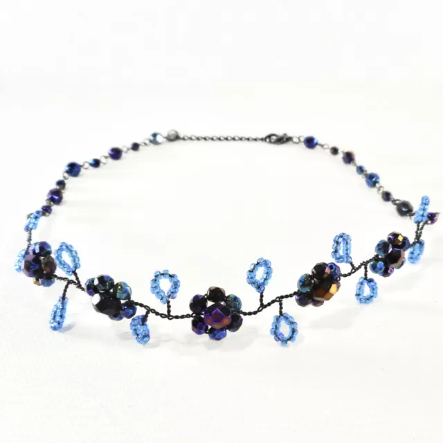 Tiara Misu Beaded Choker Necklace Blue AB Purple Beads Wire Chain Jewelry