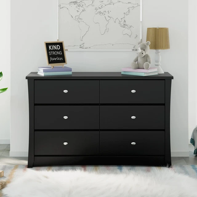 Crescent 6 Drawer Double Dresser, Black.