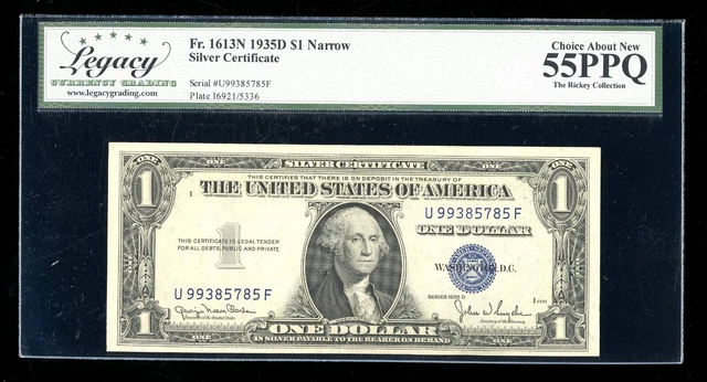 DBR 1935-D $1 Silver Fr. 1613N Narrow UF Block Legacy 55 PPQ Serial U99385785F