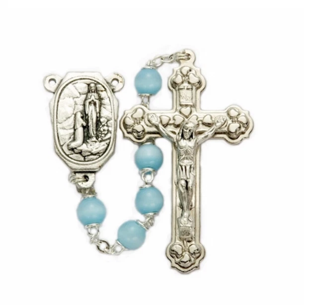 Light Blue Beads Our Lady Of Lourdes With Holy Water Center Cross Crucifix