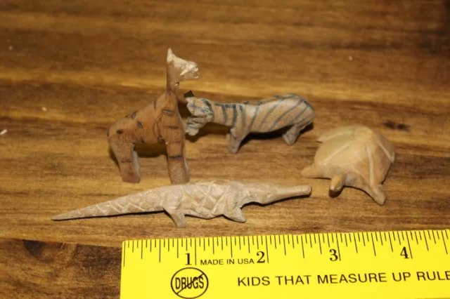 4 Folk Art Hand Carved Wood African Miniatures Zebra Crocodile Giraffe Turtle