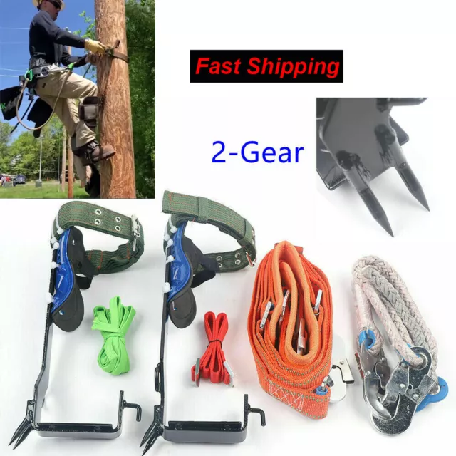 2 Gear Tree Climbing Spike Rescue Belt Straps Carabiner Ropes Stainless Steel