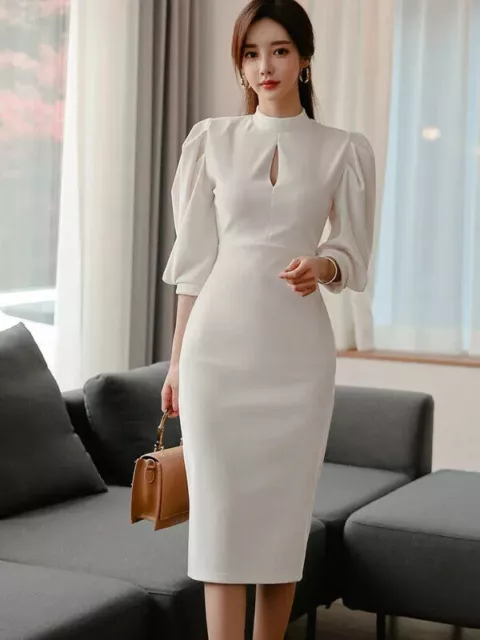 Elegante vestito abito tubino corto maniche lunghe sbuffo bianco 5050