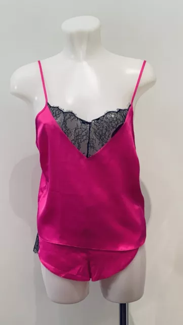 SET PIGIAMA DONNA DUE PEZZI, CANOTTA E CULOTTE IN RASO FUCSIA E PIZZO ASOS Tg. S