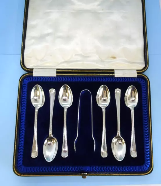 BOXED Set 6 Beaded Solid SILVER Spoons & Tongs, Sheffield 1919/20 J Rodgers 116g