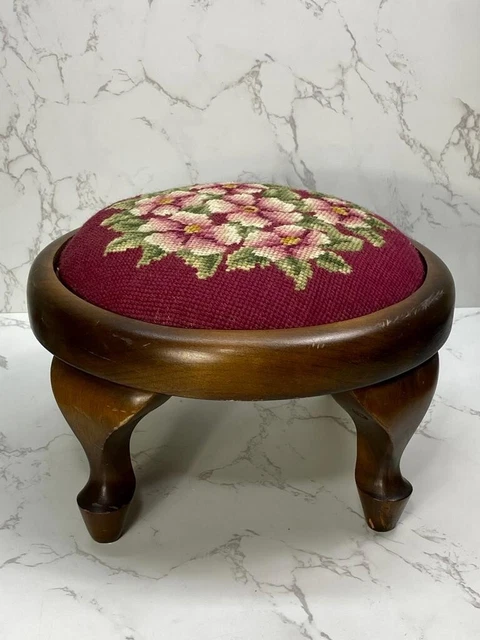 Antique Footstool Floral Needlepoint Wood Stool