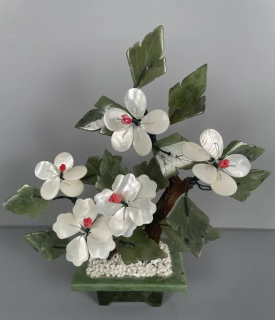 Jade Stone Glass 6" Flowering Bonsai Tree Cherry Blossom Chinese Carved Decor.