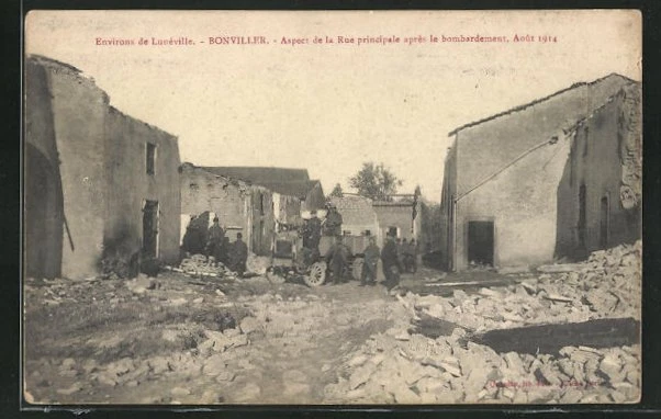 CPA Bonviller, Rue Principale après le bombardement, Aout 1914