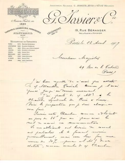 Facture.AM19540.Paris.1907.Jossier & Cie.Hugo et Sénat.Cuirs.Vernis.Tannerie.