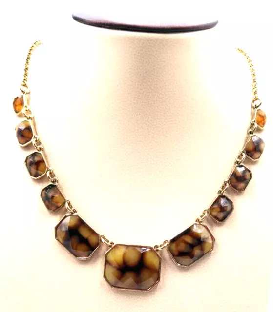 VTG 1980's Gold Tone 18" Chain Glass Marbled Tortoise Bib Statement Necklace