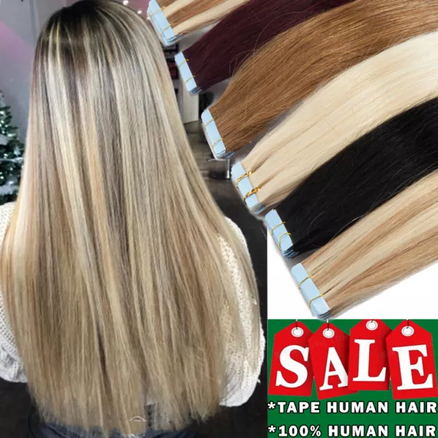 Thick 100g 40pcs Tape In Remy Human Hair Extensions Skin Weft FULL HEAD Soft UK