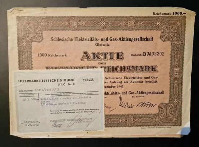 Schlesische Elektrizitats und Gas  AG 1942 1000RM Gleiwitz