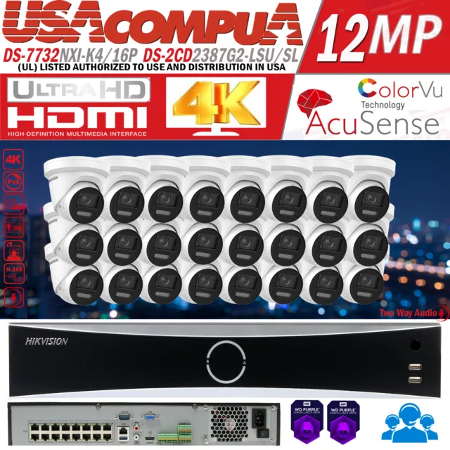 Hikvision 32CH 16POE NVR 8MP DS-2CD2387G2-LSU/SL IP Camera System ColorVu Lot