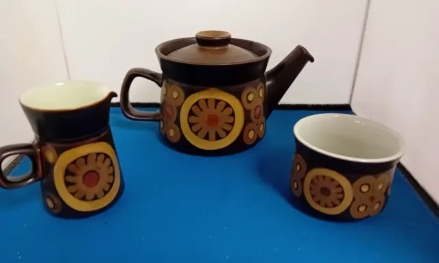 Vintage Denby Arabesque teapot, jug & sugar bowl