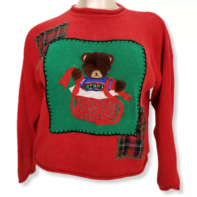 Paris Smith Womens L Sweater Ugly Christmas Red Teddy Bear Patchwork Embellished