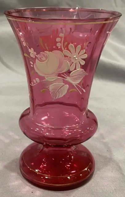 Vintage Hand Blown Pink Glass Vase Hand Painted Flowers Gold Band