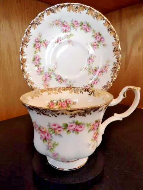 Royal Albert Dimity Rose Tea Cup Saucer Floral Gold Trim Bone China England