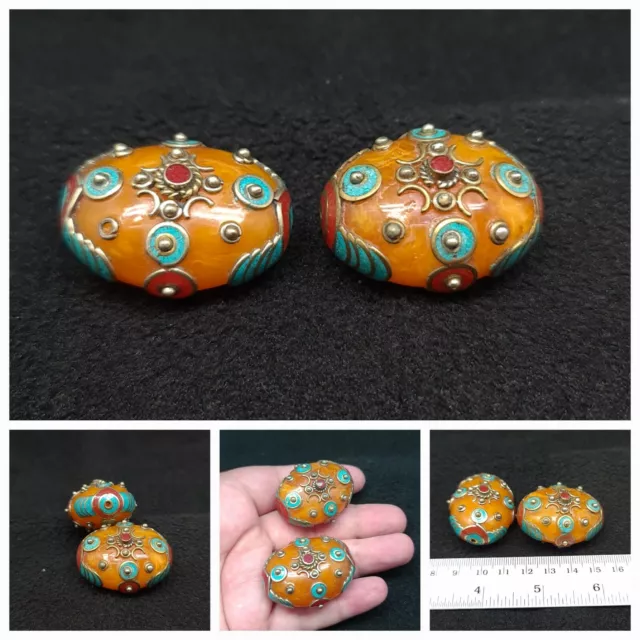 Nepalese Tibetan Handmade Yellow Resin Turquoise Coral Inlay 2 Beads Beautifull