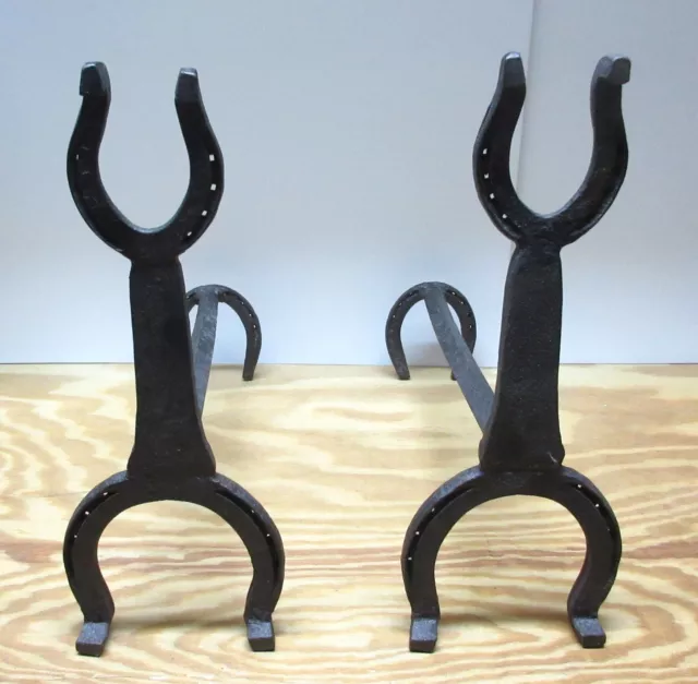Pair Antique Hand Forged Wrought Iron Fireplace Andirons Horseshoes