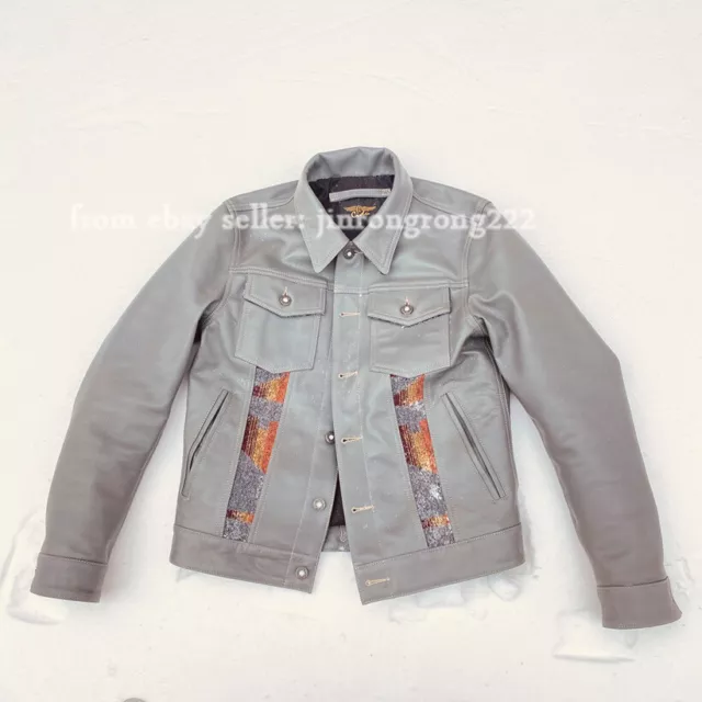 Navajo Spliced Cowhide Cropped Leather Denim Jacket Man