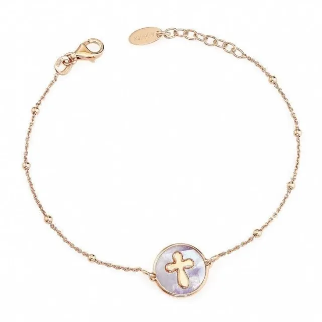 Bracciale Amen Con Croce Brmprv In Argento 925 Colore Rosato Fondo In Madreperla