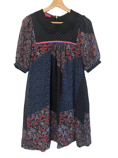 Monsoon Fusion Dress UK 8 Chiffon Hotchpotch Peter Pan Collar Dark Floral