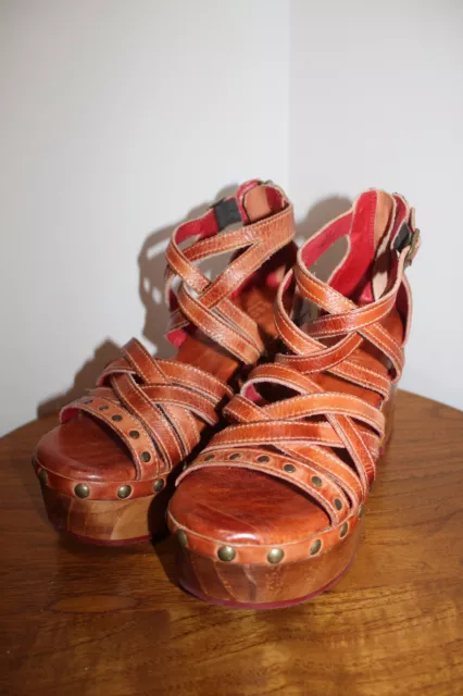 Bed Stu Jacey Ii Womens Sandals Leather Wooden Platform Studded Size 8 Us