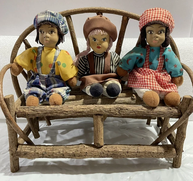 Lot of 3 Vintage Artmark Petite Pals Porcelain Head Sawdust Body Dolls w Bench