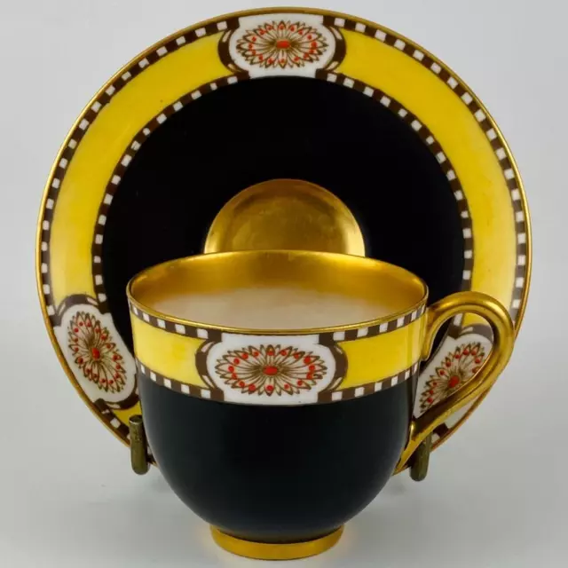 c1935 Antique Royal Worcester Cup & Saucer Jewelled Black Yellow #2583 Gold Gild