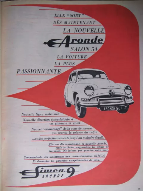 Publicité De Presse 1953 Automobile Simca 9 Aronde 54 - Advertising