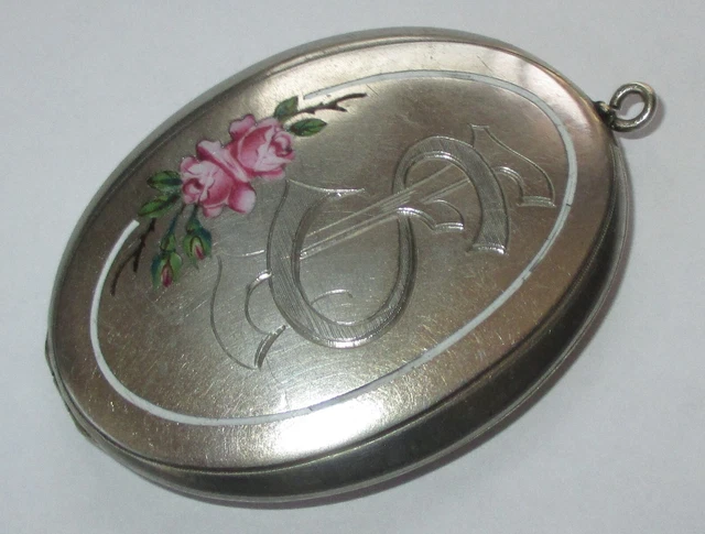 LARGE VINTAGE ALPACCA SILVER PINK ENAMEL ROSE Mono LOCKET PENDANT LARGE VINTAGE ALPACCA SILVER PINK ENAMEL ROSE Mono LOCKET PENDANT